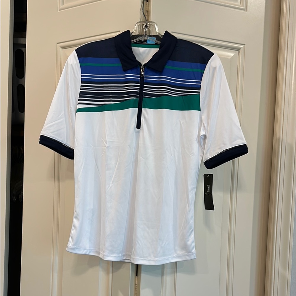 Women’s PGA Tour White with Blue & Green Striped Golf Shirt - Medium